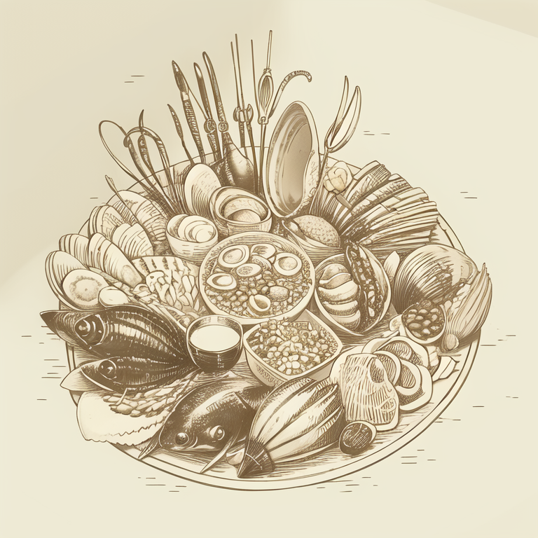 (masterpiece, best quality:1.1), (sketch:1.1), paper, no humans, seafood platter, clams, shellfish, food